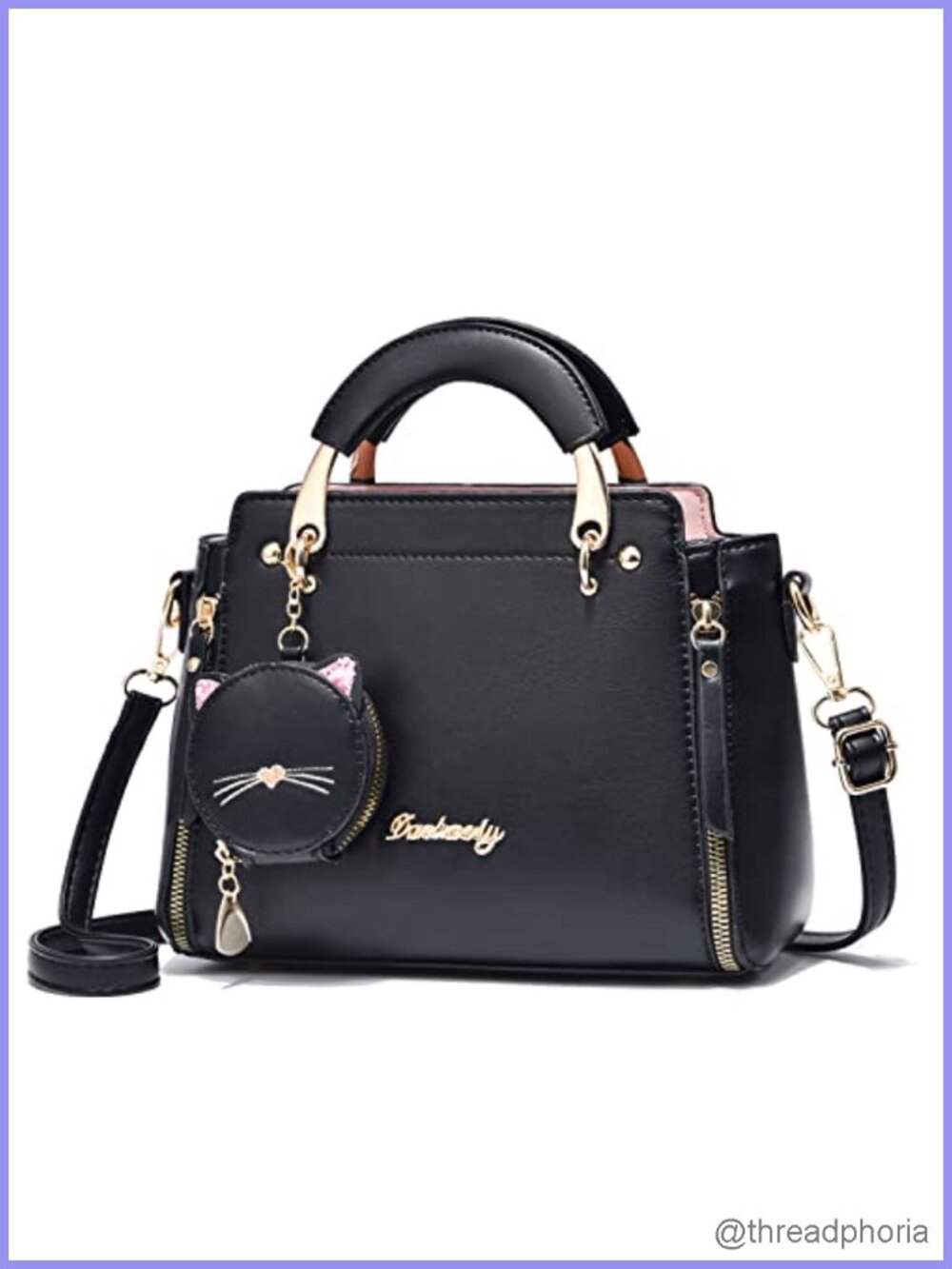 Women's PU Leather Satchel Crossbody Bag with Kitten Pendant, Small Tote